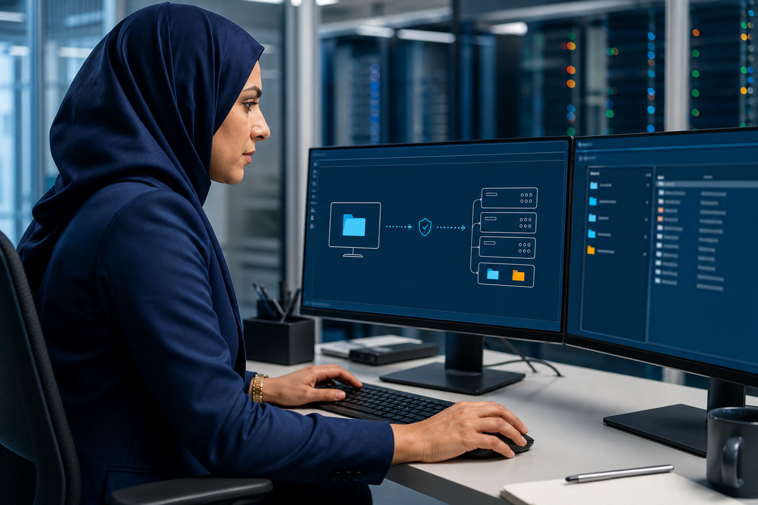 Engineer reviewing a controlled file transfer path