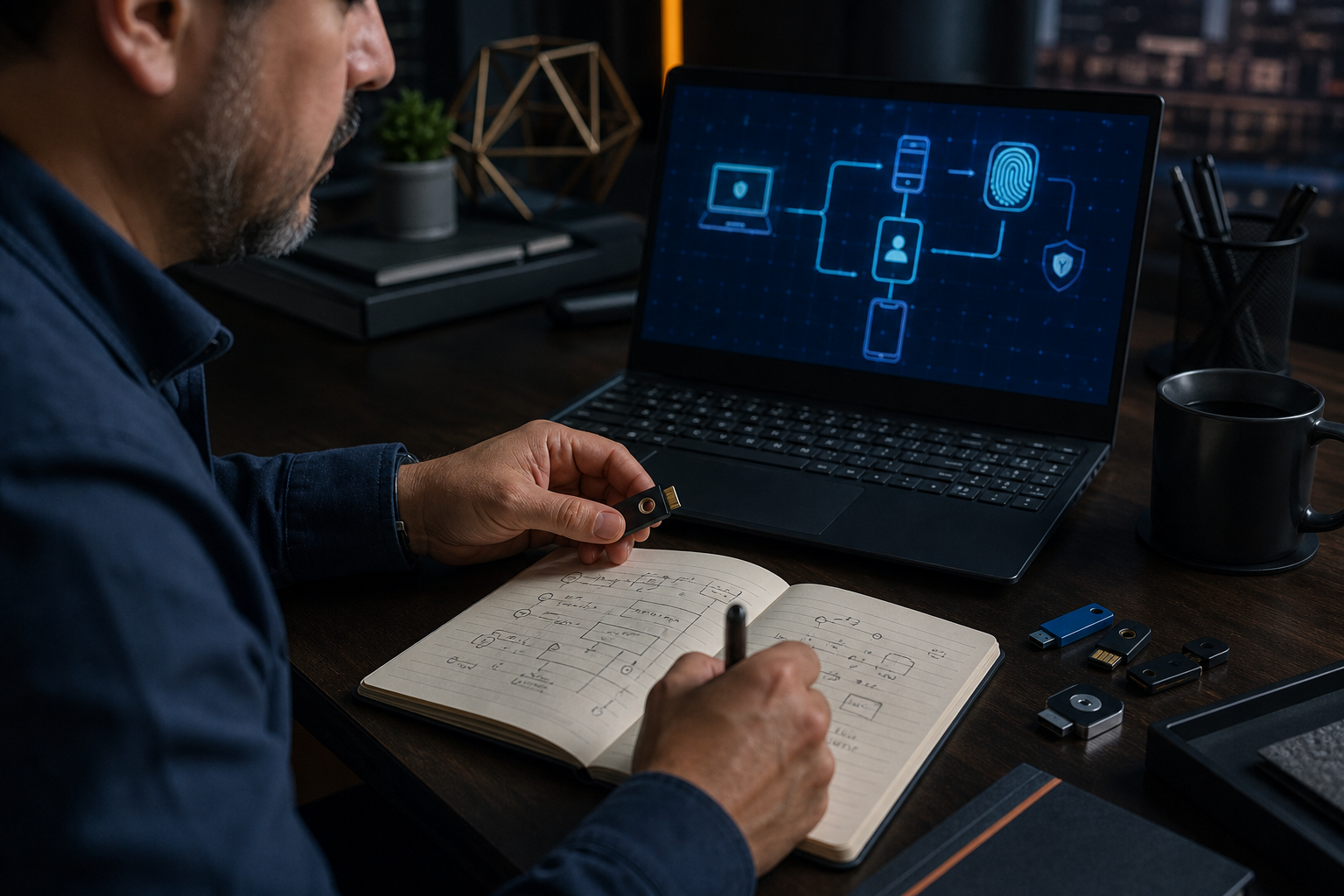 Security analyst reviewing authentication hardware and access controls