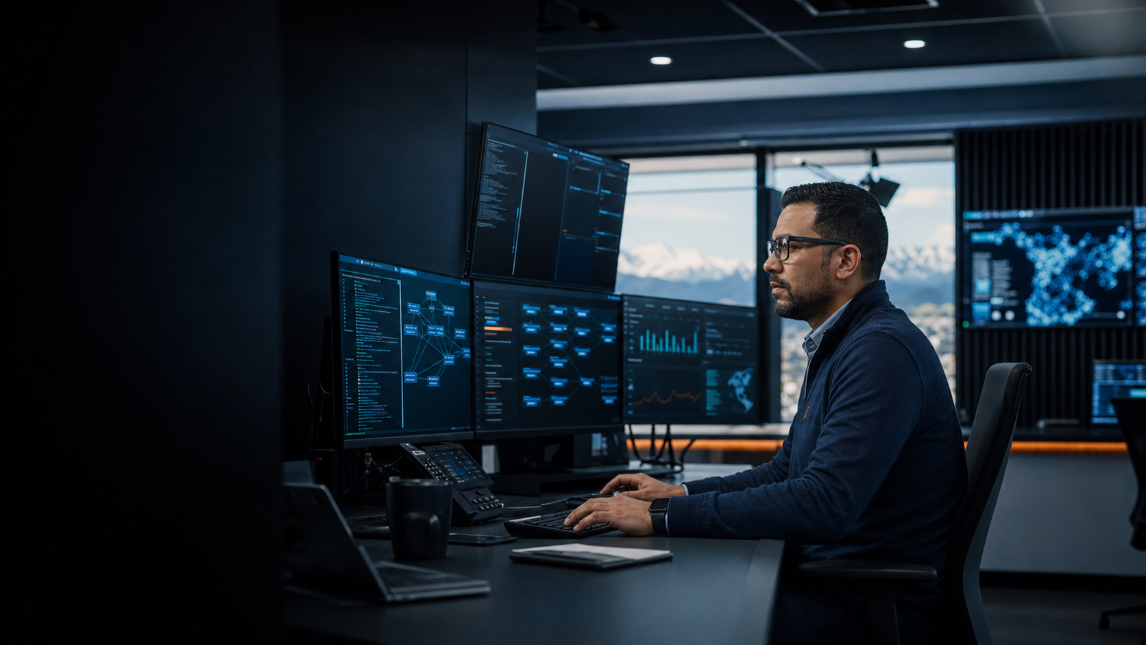 Security engineer working at a remote-access operations station