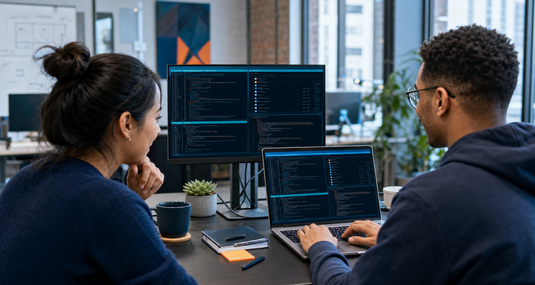 Two developers reviewing remote terminal and file sessions