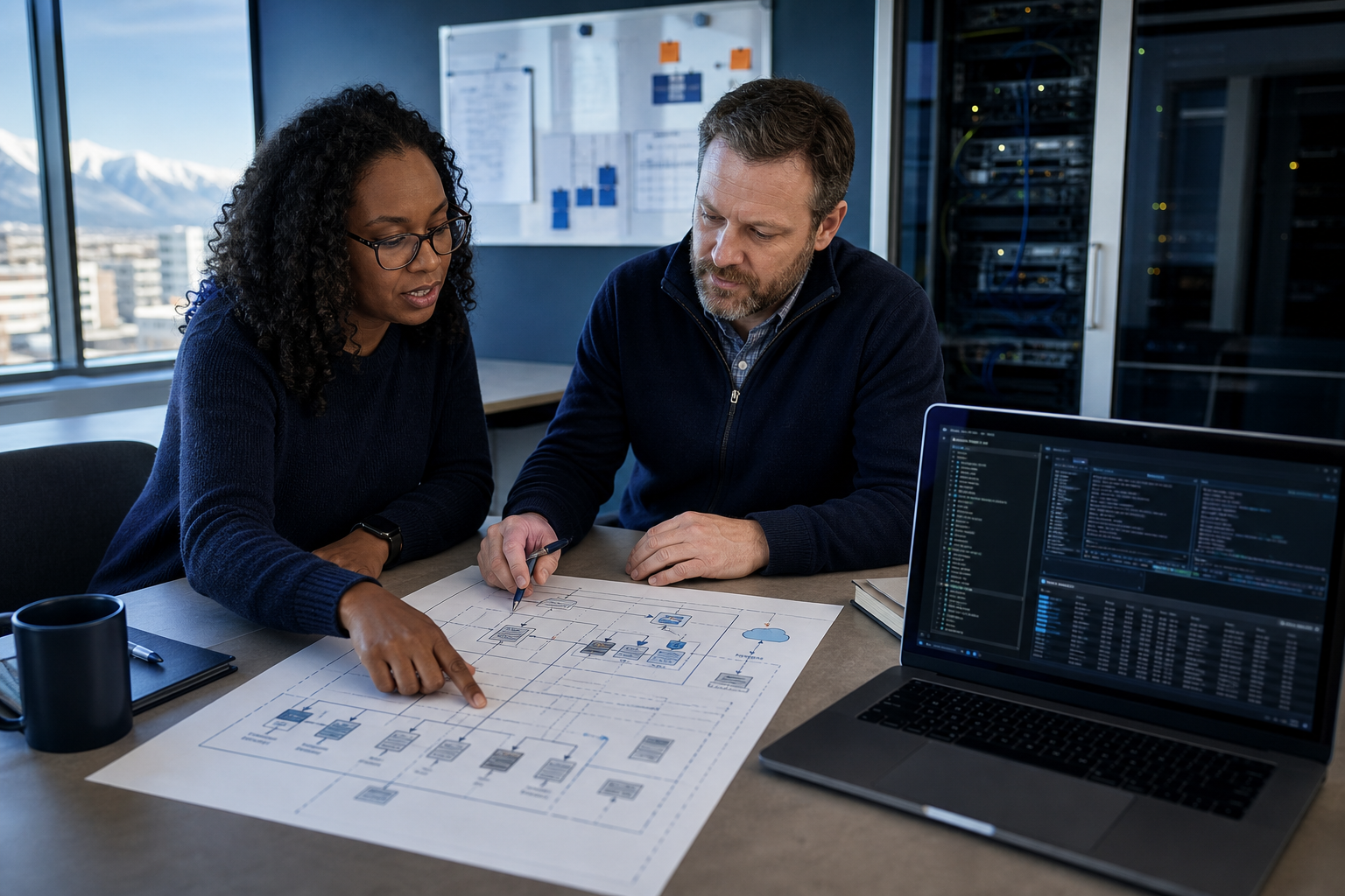 Infrastructure architects reviewing a jump-host network plan
